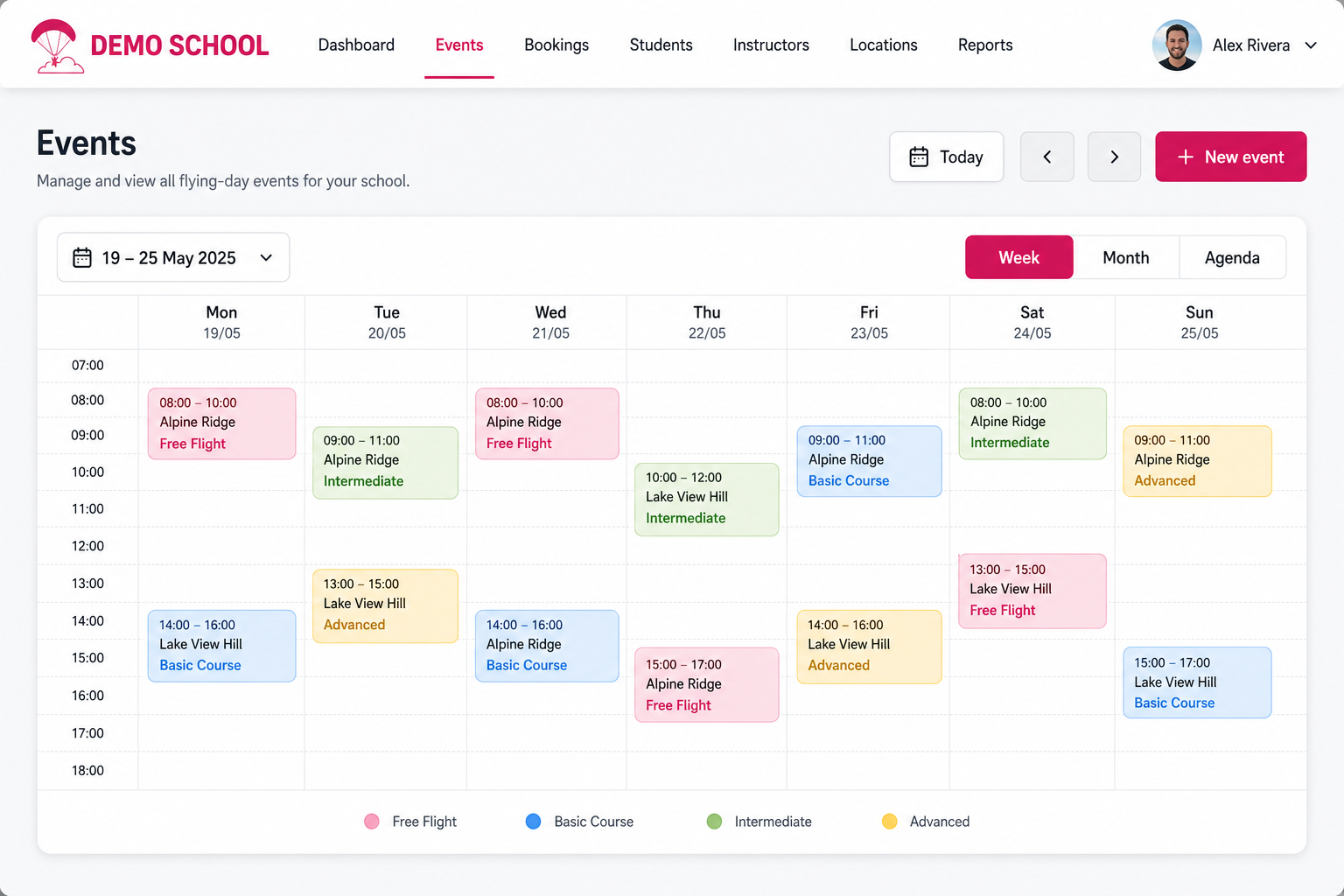 Calendario scuola con eventi di volo